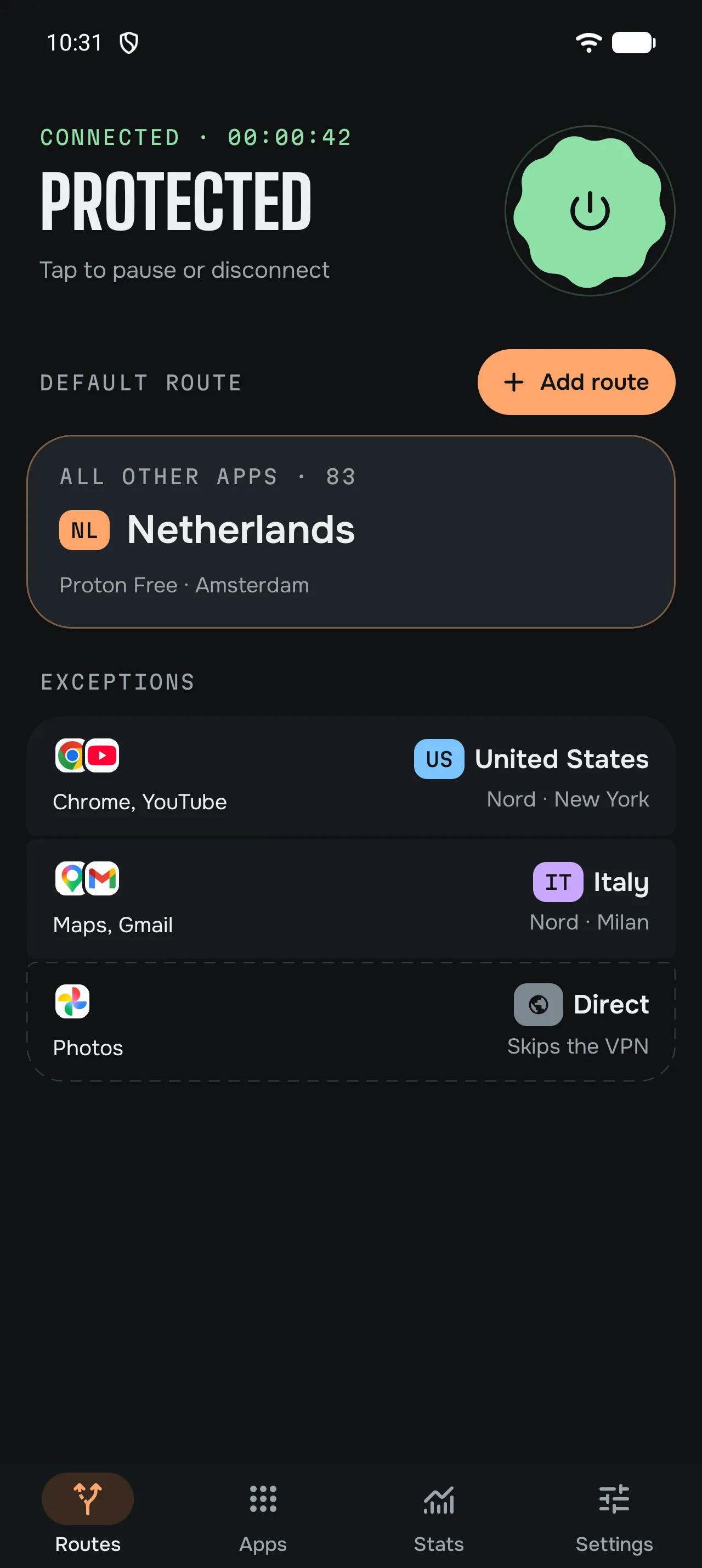 Routes screen: protected; the Netherlands through Proton VPN Free for 83 apps, Chrome and YouTube through NordVPN in New York, Maps and Gmail through NordVPN in Milan, Photos direct.
